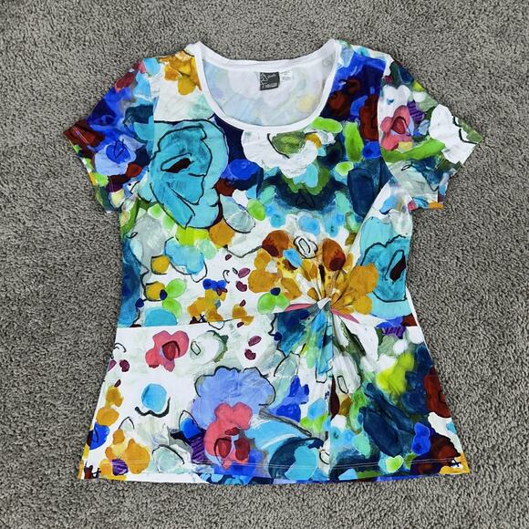 Dolcezza Shirt Womens Large Multicolor Abstract Floral Twist Front Simply Art - Picture 2 of 8